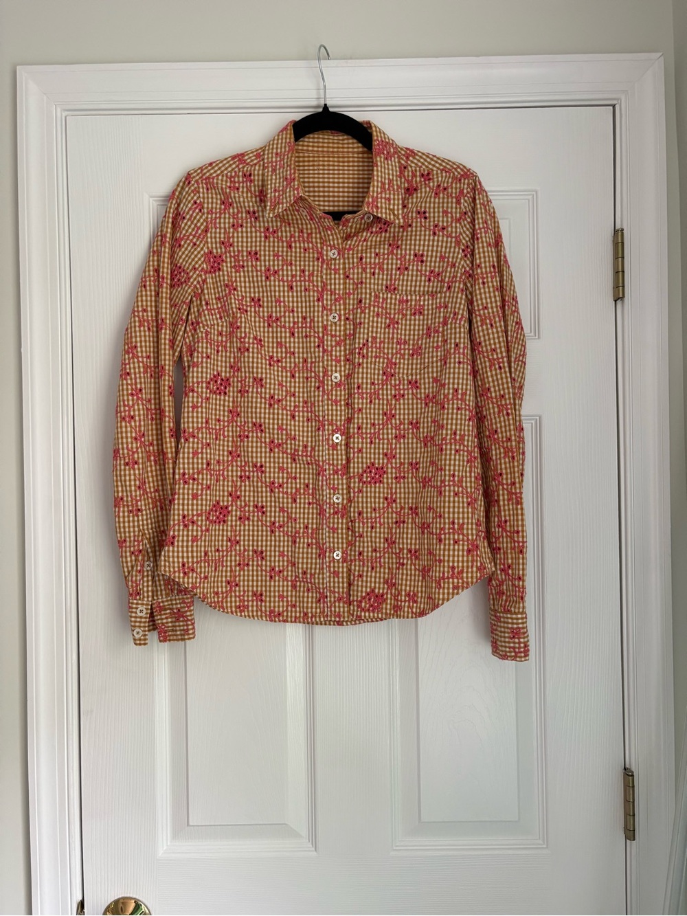 Odille with Anthropologie gingham embroidered eyelet button down
